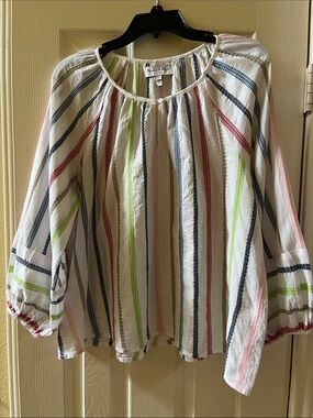 Michael Stars White Peasant Blouse with Multicolor Stripes-Large